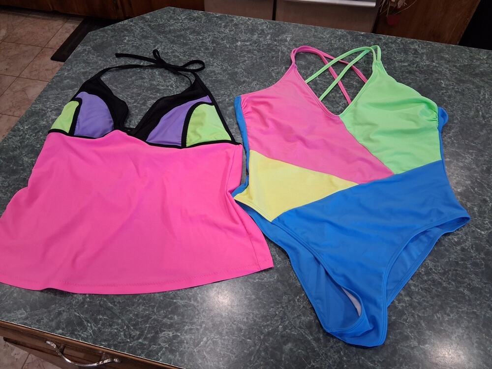 OP String Tankini Top Open Back & One Piece Swimsuit Flourescent 80s 90s Retro